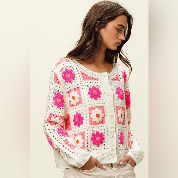 Pink fuchsia Crochet Knit lace button boho embroidered cardigan bohemian sweater - Picture 10 of 17